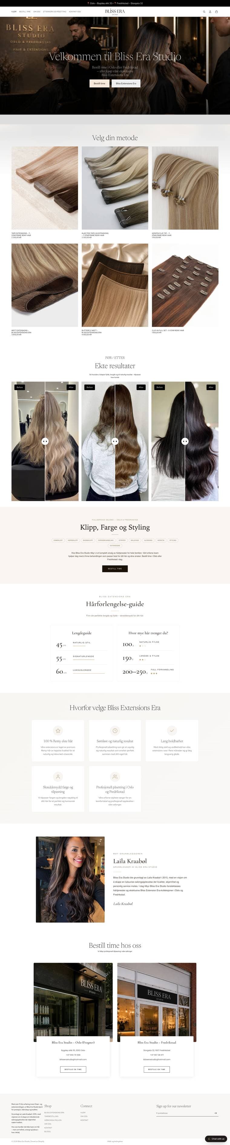Full-page design of a bilingual hair and beauty studio website in Norway