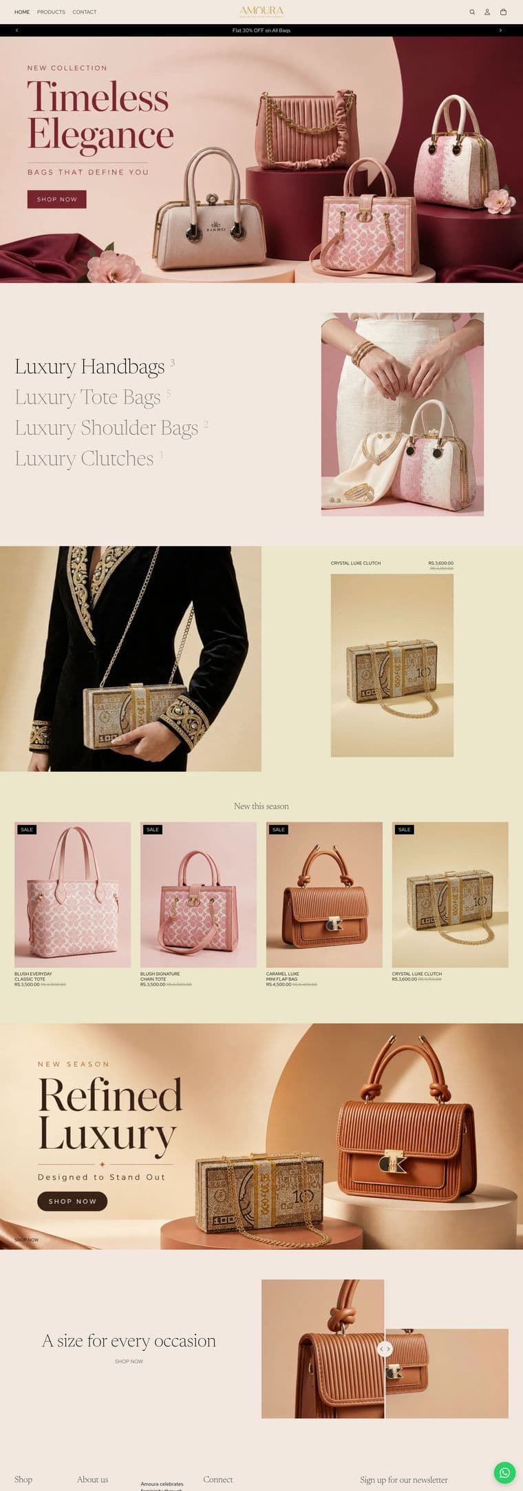 Full-page design of the Amoura Bags luxury handbag online store