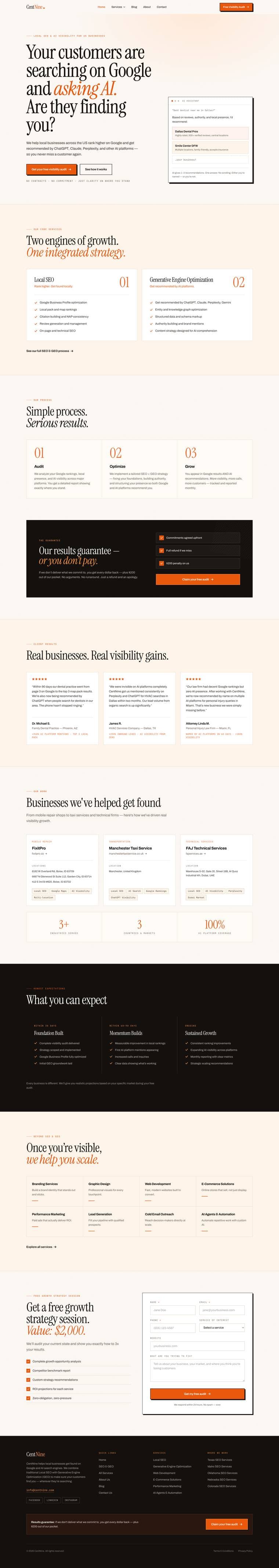 Full-page design of the CentNine search and AI visibility agency website